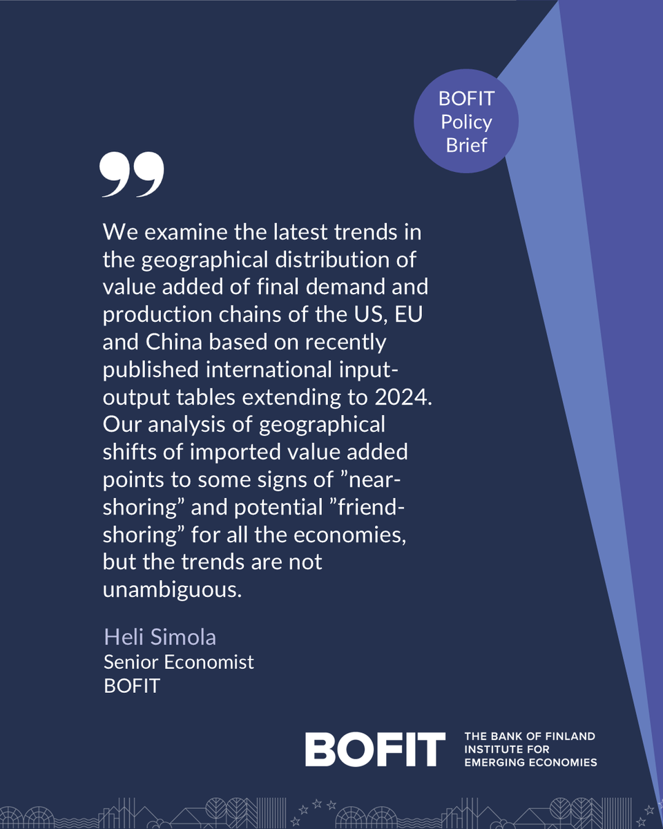BOFITresearch's tweet image. BOFIT Policy Brief 18/2025 by Heli Simola: Is value added re-shored, near-shored or friend-shored?

Read more 🔗 publications.bof.fi/handle/10024/5…

#GlobalValueChains #ValueAaddedTrade #InputOutput @SuomenPankki