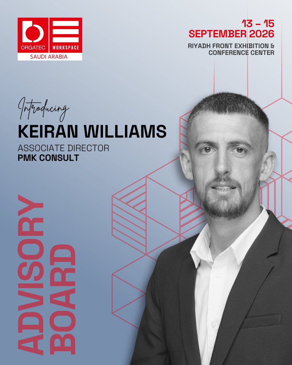 OrgatecSaudi's tweet image. Welcoming Keiran Williams, Associate Director &amp;amp; Head of Fit-Out at PMKConsult, to the 2026 Advisory Board. He brings 10+ years of experience delivering high-profile corporate workspace projects globally.

#ORGATECWorkspaceSaudi #WorkspaceDesign #OfficeDesign