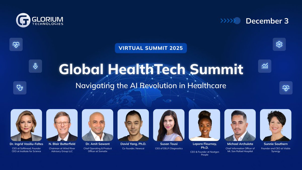 Glorium_Tech's tweet image. ✨ One week left until the Global HealthTech Summit 2025!

On December 3, we’re bringing together healthcare leaders, founders, innovators, and investors to discuss one of the most important topics of the year — how AI is reshaping healthcare.

The summit will feature:
🔹 Expert…