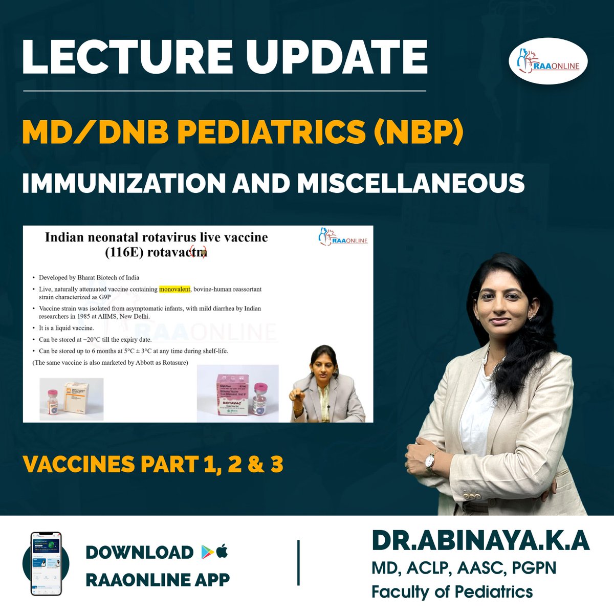 Raaonline's tweet image. Lecture Update in Pediatrics - Vaccines Part 1, 2 &amp;amp; 3 by Dr. K. A. Abinaya on the RAAONLINE App.
Android: play.google.com/store/apps/det…
IOS: apps.apple.com/in/app/raaonli…
Contact: +91-9994994266
#Raaonline #freelecture #lectureupdate #pediatrics #pediatricians #vaccines
