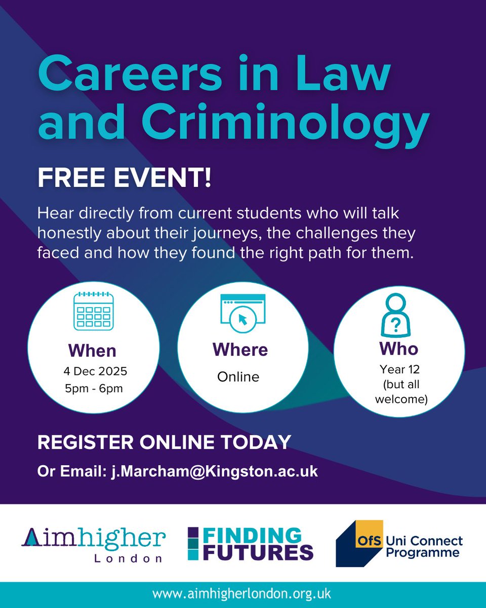 Are you helping your young person to think about their next steps after Year 12? 
Register to attend here 👉 loom.ly/8pnRHUs
#careers #law #criminology #event #AimhigherLondon