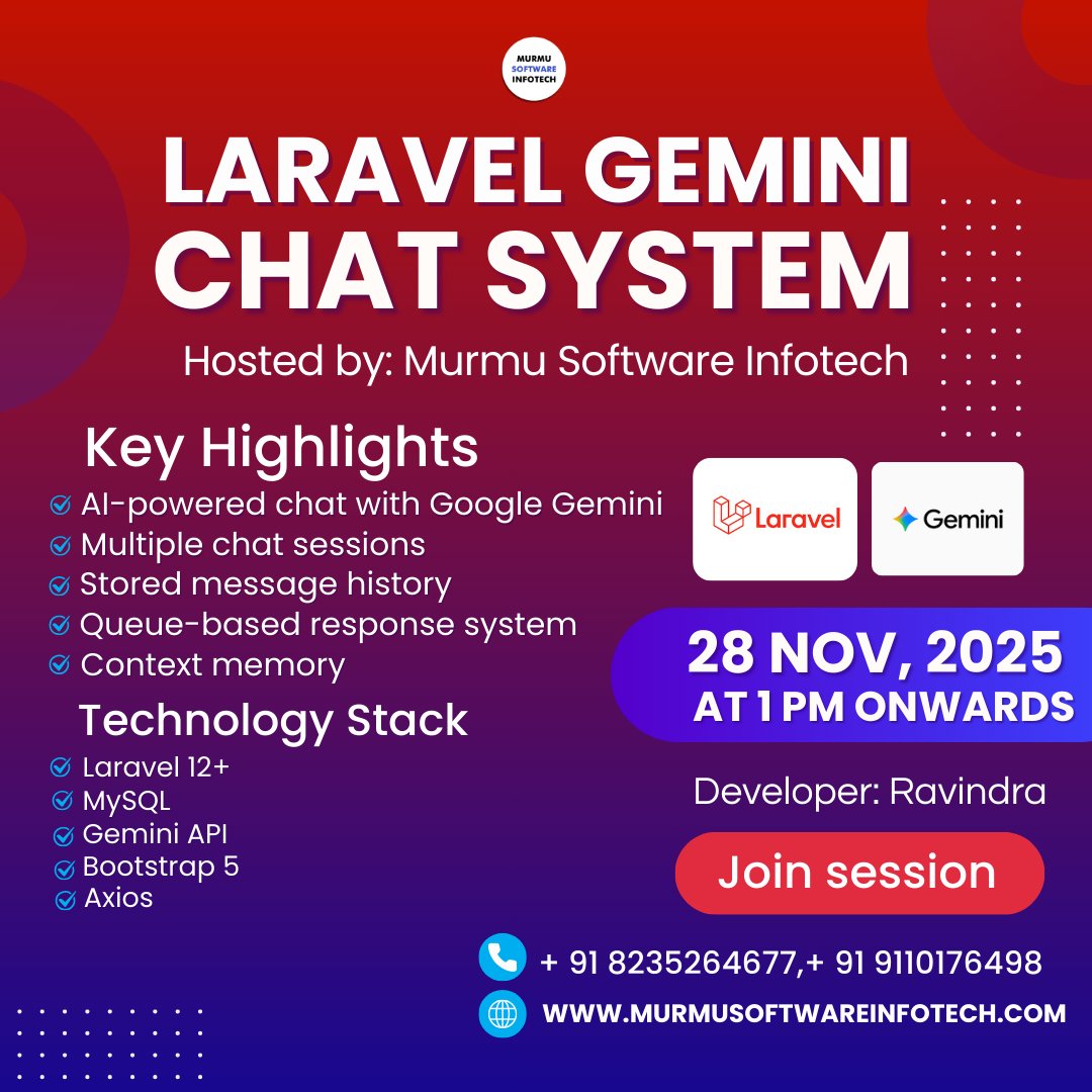MurmuSoftware's tweet image. What if your Laravel App Could Think👀
Imagine a chat system that remembers, responds instantly, and learns with every message

☎️+91 9110176498
🌐 murmusoftwareinfotech.com

#LaravelDevelopers #GoogleGemini #AIChatSystem #LaravelCommunity #WebDevelopment #AIinLaravel #TechEvents