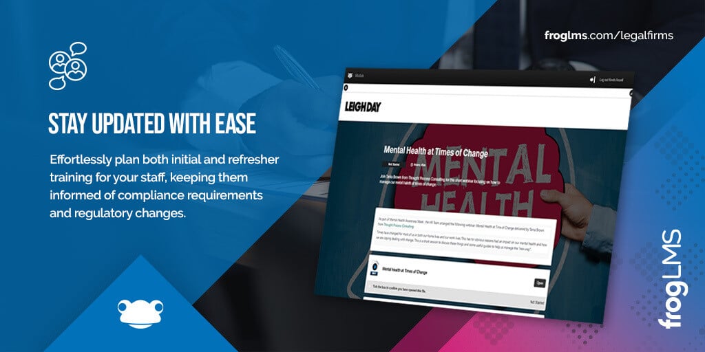 Frog_LMS's tweet image. Simplify training management and stay ahead...

Effortlessly plan initial and refresher training for your team! Keep everyone up-to-date on #compliance requirements and the latest regulatory changes.

➡️ hubs.ly/Q03VWMg60

#LegalTech #LMS #LawFirm #Solicitors #SRA #FrogLMS