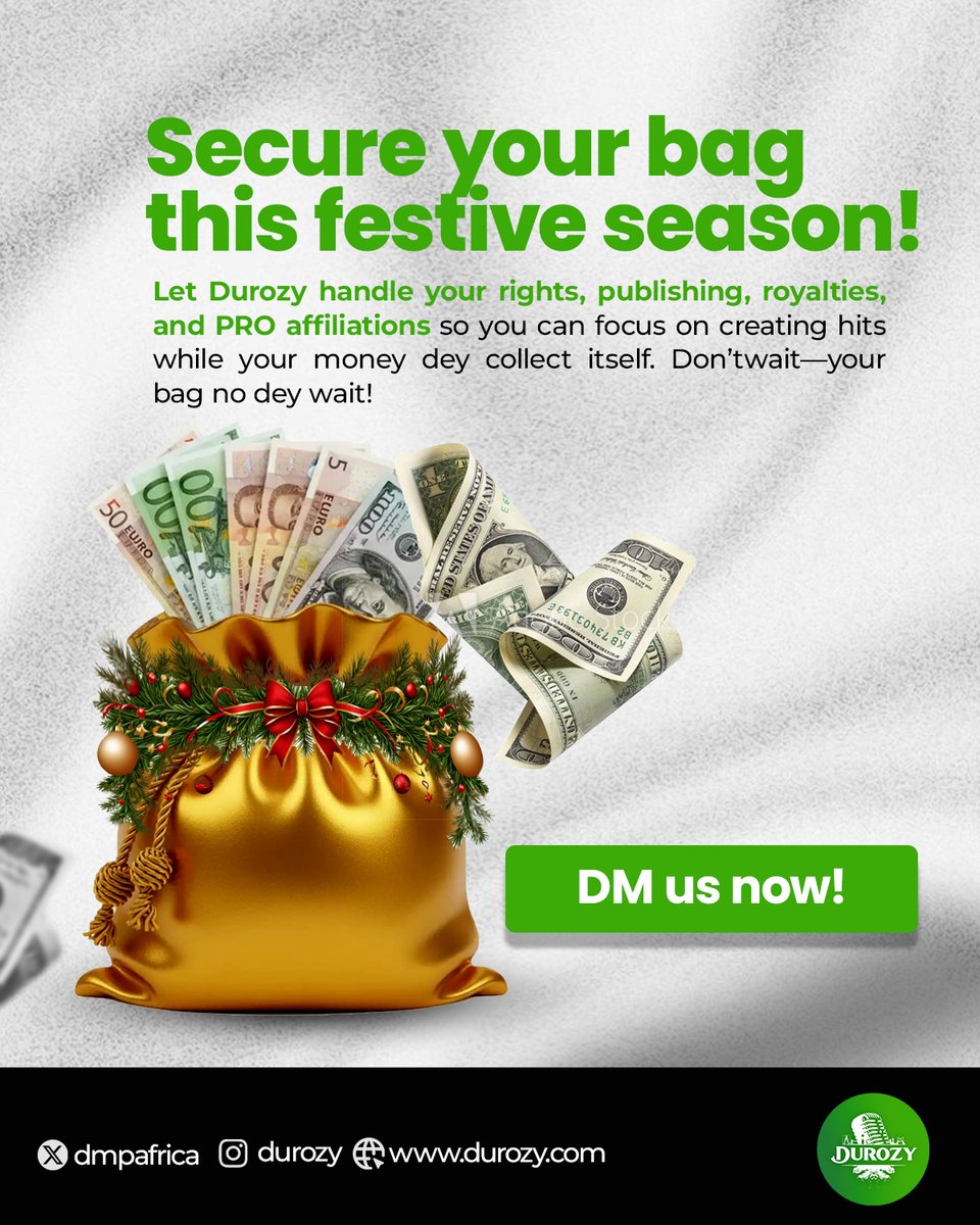 This festive season, don’t lose your bag! 🎄💼
Your music will be everywhere: radio, clubs, playlists, parties… But are you getting paid for every spin?
Let Durozy International handle the backend while you make the hits.

#MusicBusiness #durozy2025 #SecureYourBag