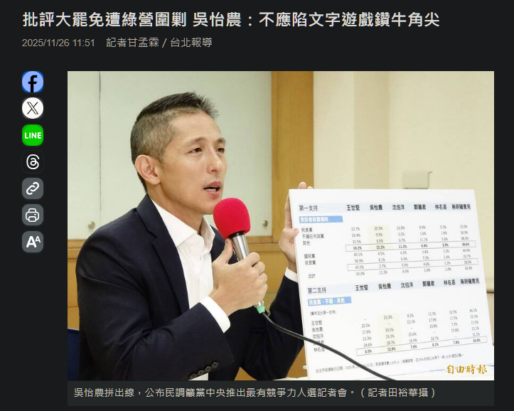 吳怡農啊，大罷免正是依循你主張的「反共護台」而走向大失敗的啊。
從你父親的「和解共生」到你的「反共護台」，這條路走了20多年，「大罷免大失敗」，不過是以實戰結果證明，這種以「進步本土主義」為名的新蔣經國路線，只是一場春秋大夢。
該是夢醒的時刻了。