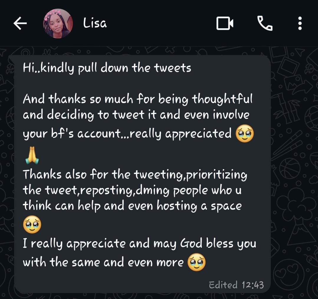 lilz_worldd's tweet image. Hey everyone, thank you all for the support , joining our space , the retweets , sending whatever amount you had. I really appreciate all the effort you did ❤️
I have to respect her decision of wanting me to keep her personal details out of the internet now .
God bless you all🙏