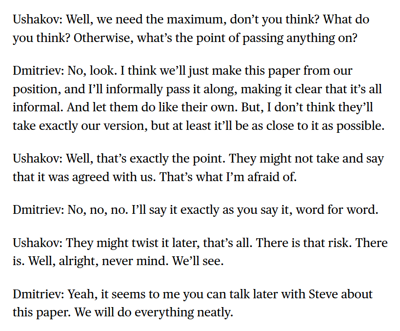 Bloomberg has published the transcript of a conversation between Putin’s negotiators about the peace plan before it was handed over to the United States.

The phone call between participants in the negotiation process with the U.S. and Ukraine — Kirill Dmitriev and Yuri Ushakov —