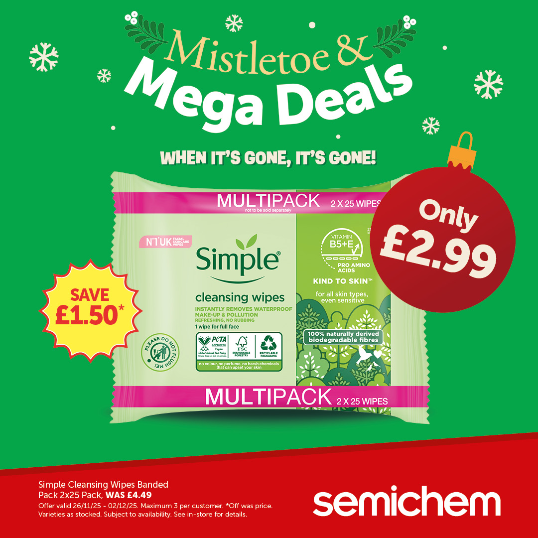 Mistletoe &amp; Mega Deals – 26/11 – 02/12
Simple Clean Wipes x2 Pack ONLY £2.99
@semichem
