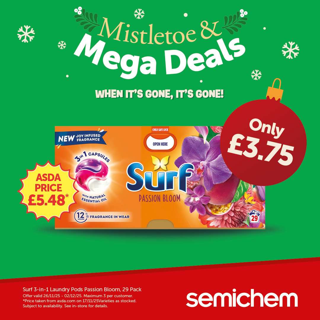 Mistletoe &amp; Mega Deals – 26/11 – 02/12 
Surf Pods 3-in-1 Passion Bloom ONLY £3.75 <a href="/Semichem/">Semichem</a>