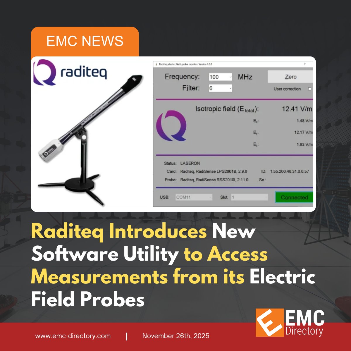 emcdirectory's tweet image. Stay ahead in EMC testing! Raditeq has just launched its innovative software utility, enabling seamless access and monitoring of measurements from its advanced electric field probes.

Read More: ow.ly/6G7450Xy0py

#EMC #Raditeq #FieldProbe #EMCTesting #MeasurementTools