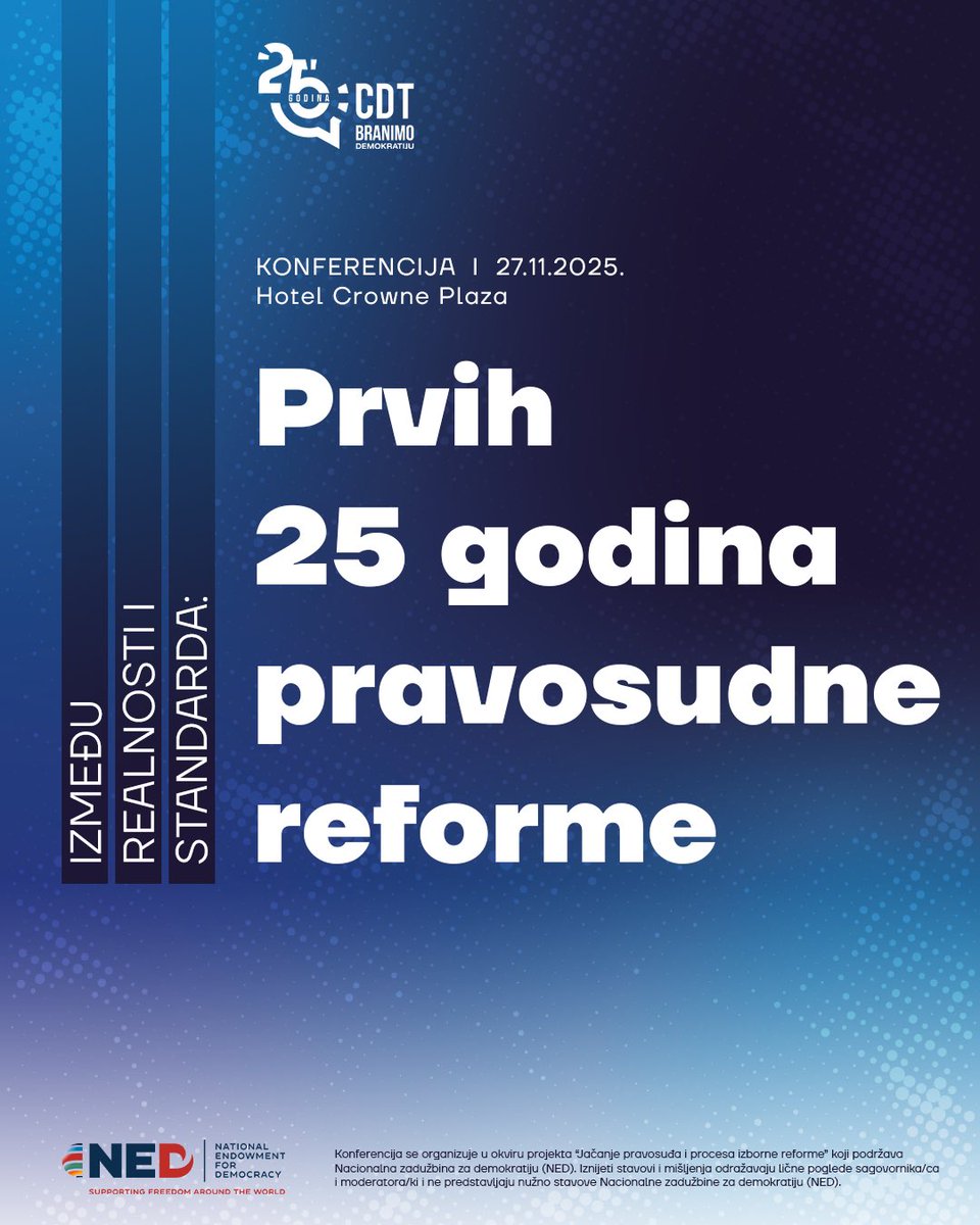 ⚖️🗄️ Konferencija „Između realnosti i standarda: Prvih 25 godina pravosudne reforme“

Kroz razgovore sa istaknutim stručnjacima iz oblasti pravosuđa i civilnog sektora, konferencija će otvoriti ključna pitanja o dosadašnjem dometu i budućem smjeru reforme pravosuđa u Crnoj Gori.