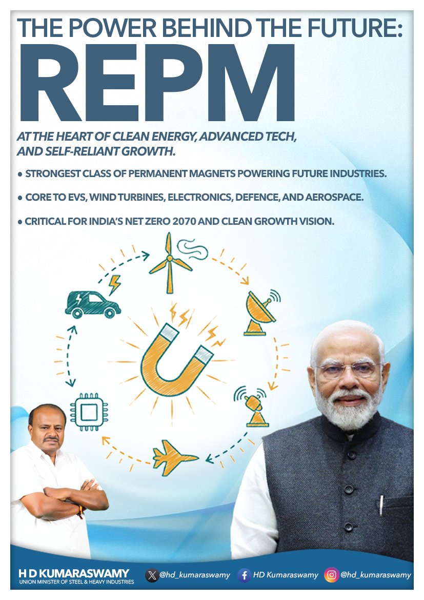 hd_kumaraswamy's tweet image. India is taking a decisive leap towards clean energy leadership and advanced manufacturing under the visionary guidance of Hon’ble Prime Minister Shri @narendramodi avaru.

Our Rare Earth Permanent Magnet (REPM) initiative will enable end-to-end manufacturing of high-strength…
