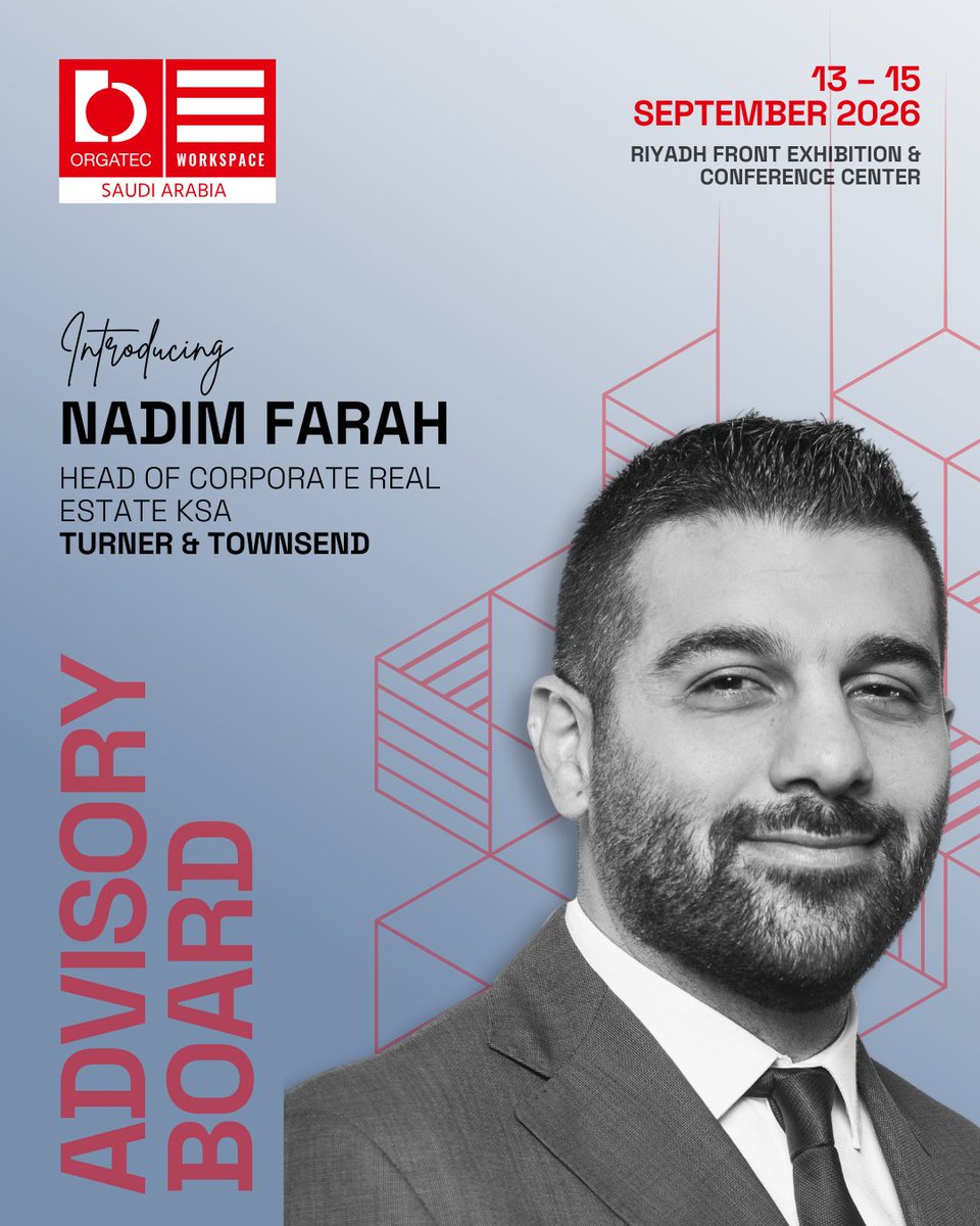 OrgatecSaudi's tweet image. Welcoming Nadim Farah, Associate Director at Turner &amp;amp; Townsend, to the 2026 Advisory Board.

He leads Corporate Real Estate Programmes in Saudi Arabia, bringing expertise in workplace project delivery and design.

#ORGATECWorkspaceSaudi #WorkspaceDesign #OfficeDesign