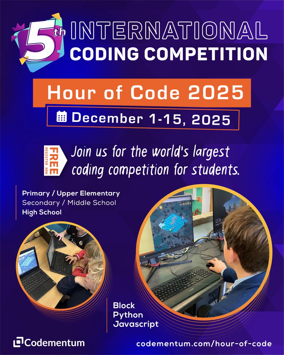 Codementum1's tweet image. Our Coding Competition starts on December 1st.  Sign up and create your class of participants today!

Join for Free 👉 codementum.com/hour-of-code

#computerscience @CSEdWeek #csedweek #CSEverywhere #HourOfCode #Coding @codeorg @CSforALL @csteachersorg @CodeWeekEU #Python #javascript