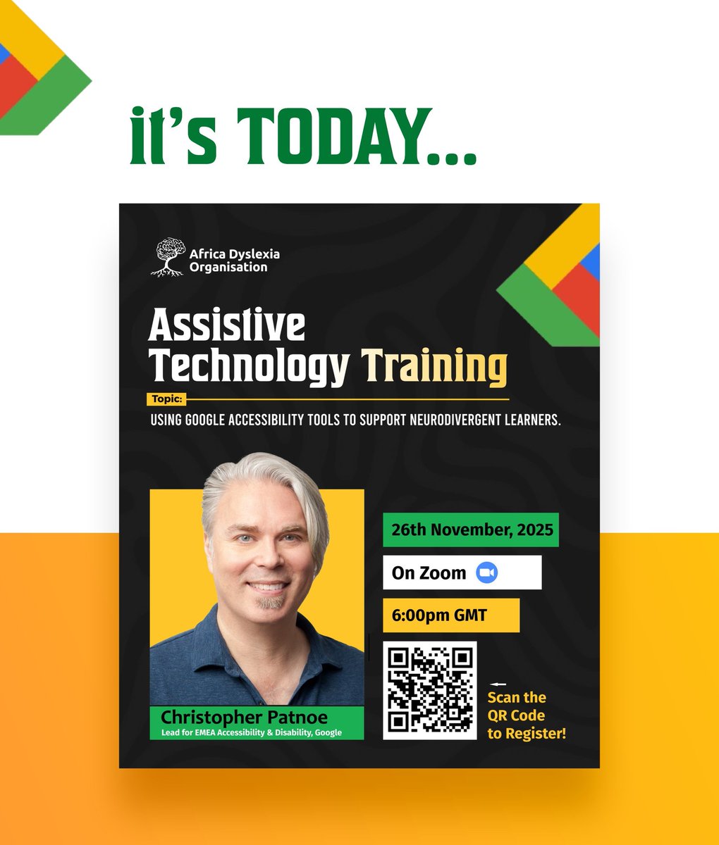 AfricaDyslexia's tweet image. 🔥 IT&apos;S TODAY! 🔥 

Topic: USING GOOGLE ACCESSIBILITY TOOLS TO SUPPORT NEURODIVERGENT LEARNERS 

26th November 2025
6:00pm GMT
On Zoom

Facilitator: Christopher Patnoe, Lead for EMEA Accessibility &amp;amp; Disability, Google 

#AssistiveTech #Neurodivergent #Accessibility