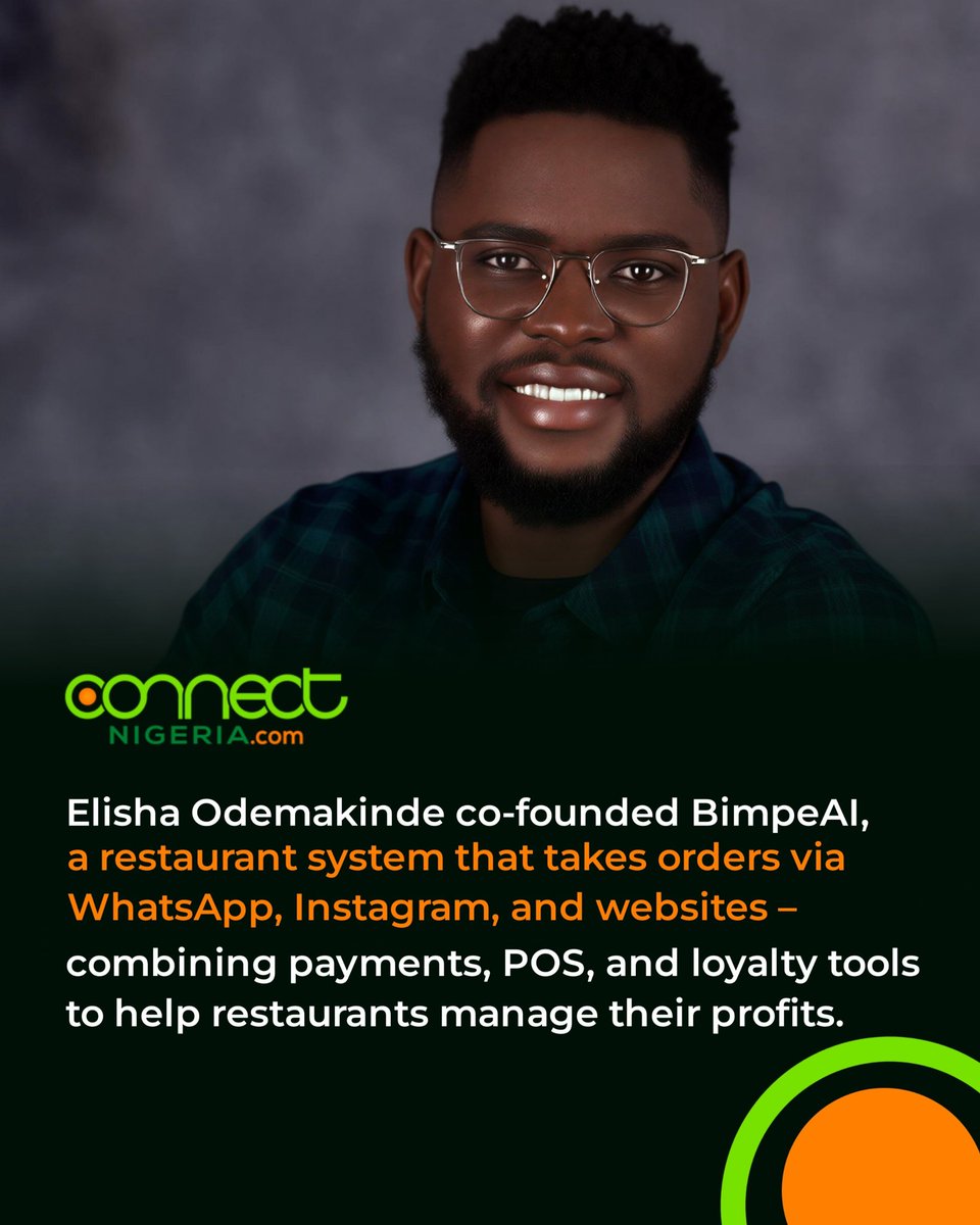 <a href="/Elishatofunmi/">Elisha Odemakinde</a> has co-built <a href="/BimpeAI/">BimpeAI</a>, a smart system that allows restaurants to take orders directly through WhatsApp, Instagram, and their websites, all synced into one smooth workflow.

#ai #innovation #tech #madeinnigeria #connectnigeria