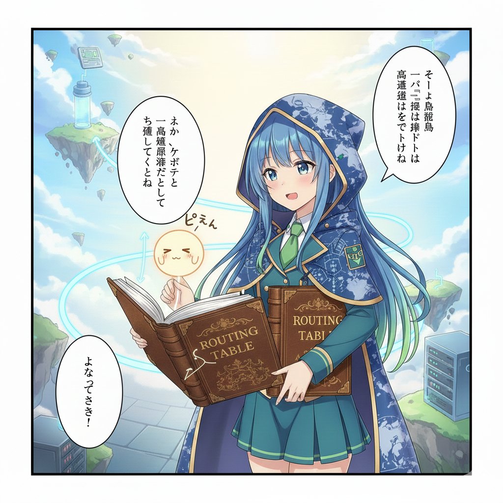 hanemi_writer's tweet image. 場所: ルータちゃんがルーティングテーブルを開き、指でなぞっている。

ルータちゃん: 「えーっと、サーバー島へは、まず『高速道路ノード』を経由して、それから『光回線ブリッジ』を渡るのが一番速いルートね。」

セリフ (ルータちゃん): 「よし、あなた、ついてきて！」