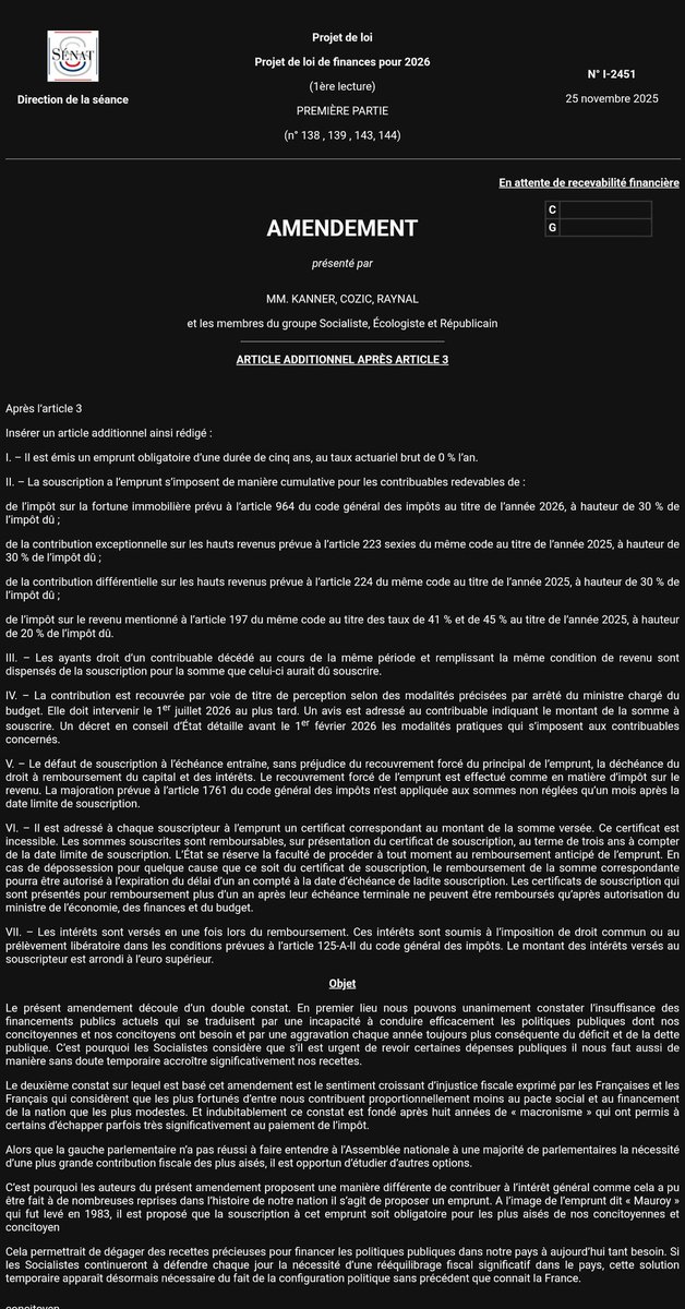 jon_delorraine's tweet image. 🔴🇫🇷 ALERTE INFO | DES SÉNATEURS PS VEULENT IMPOSER UN EMPRUNT OBLIGATOIRE NON RÉMUNÉRÉ AUX FOYERS LES PLUS RICHES.
L’ÉTAT POURRAIT FORCER LES CONTRIBUABLES À PRÊTER UNE PART DE LEURS IMPÔTS, À TAUX 0, POUR FINANCER LE DÉFICIT.