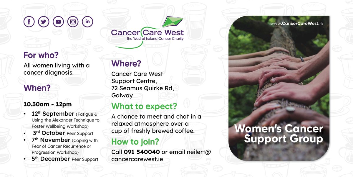 cancercarewest's tweet image. Our next Womens #SupportGroup will take place on the 5th of Dec in our #Galway Support Centre. This is free to join &amp;amp; is for women living with a cancer diagnosis. Please get in touch with us on 091 540040 or email us at neilert@cancarecarewest.ie

#cancersupport #womenssupport
