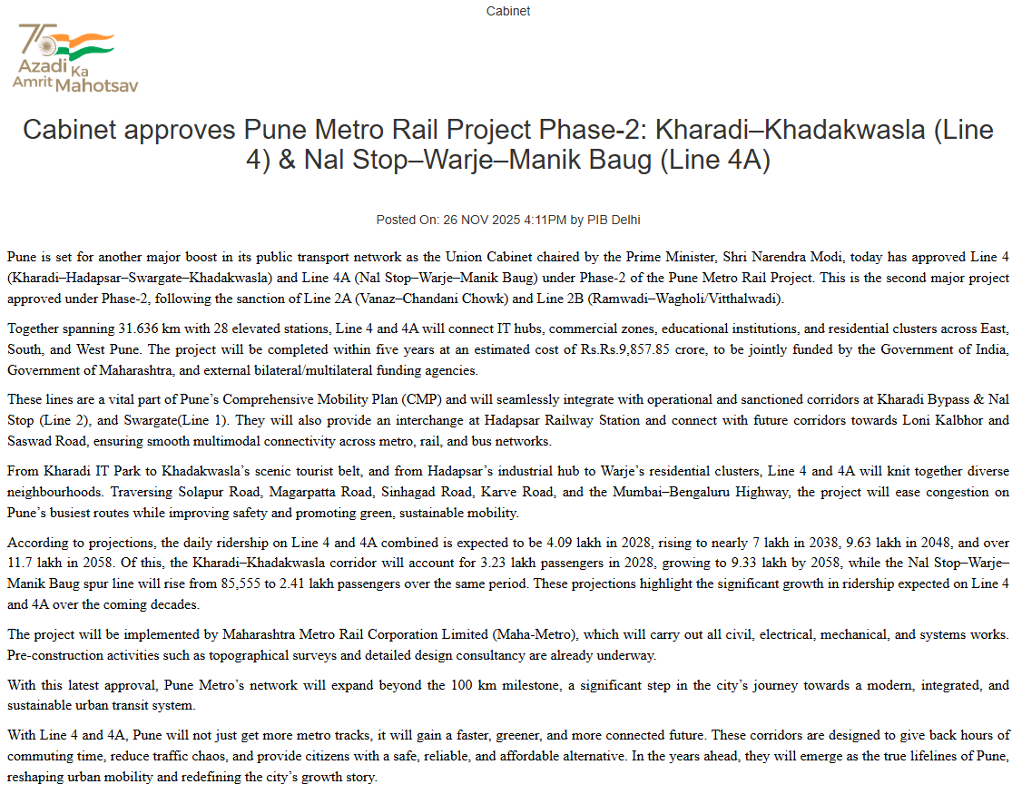 ANI's tweet photo. Pune Metro Rail Project | The Union Cabinet, chaired by Prime Minister Narendra Modi, today approved Line 4 (Kharadi–Hadapsar–Swargate–Khadakwasla) and Line 4A (Nal Stop–Warje–Manik Baug) under Phase 2 of the Pune Metro Rail Project. This is the second major project approved under Phase-2, following the sanction of Line 2A (Vanaz–Chandani Chowk) and Line 2B (Ramwadi–Wagholi/Vitthalwadi).