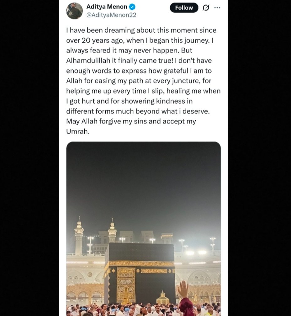 Incognito_qfs's tweet image. Aditya Menon recently visited Kaaba. 

Only muslims can visit Kaaba. Non-muslims are prohibited and punished for doing so.

Aditya was dreaming of this moment for 20 years. He was a muslim for 20 years but continued using Aditya Menon as his name. What kind of Jihad is this???