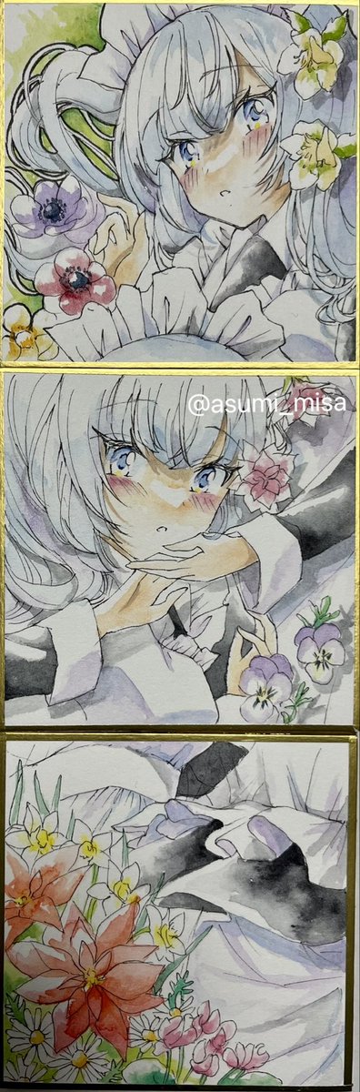 「花持ち 娘」水彩画 透明水彩で灯花ちゃん🧸 ずっと線画で放置してたから塗れてすっきり🥰