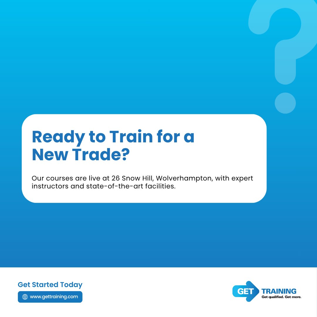 🎯 Ready to train for a new trade?
Our courses are live at 26 Snow Hill, Wolverhampton, with expert instructors and state-of-the-art facilities.
📅 Enrol now: gettraining.com
#GetTraining #Wolverhampton #TradeSkills #GasEngineerTraining #ElectricalCourses #SolarPV