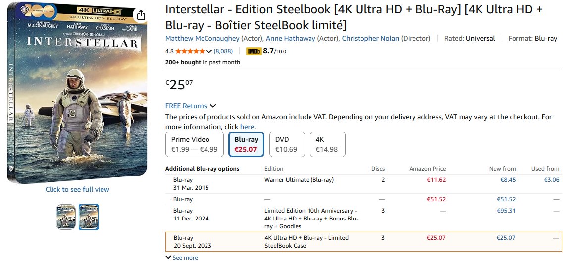 Z filmów, do których lubię wracać - na Amazonie FR dostępne jest rocznicowe wydanie Interstellar 4K w steelu z j. polskim w cenie 25€. Z kodem ENJOY10 przy zakupie przez apkę wychodzi zaledwie 18,80€/ niecałe 80 zł z dostawą: amzn.eu/d/aK2lsas #BlackFriday #TeamPudełka