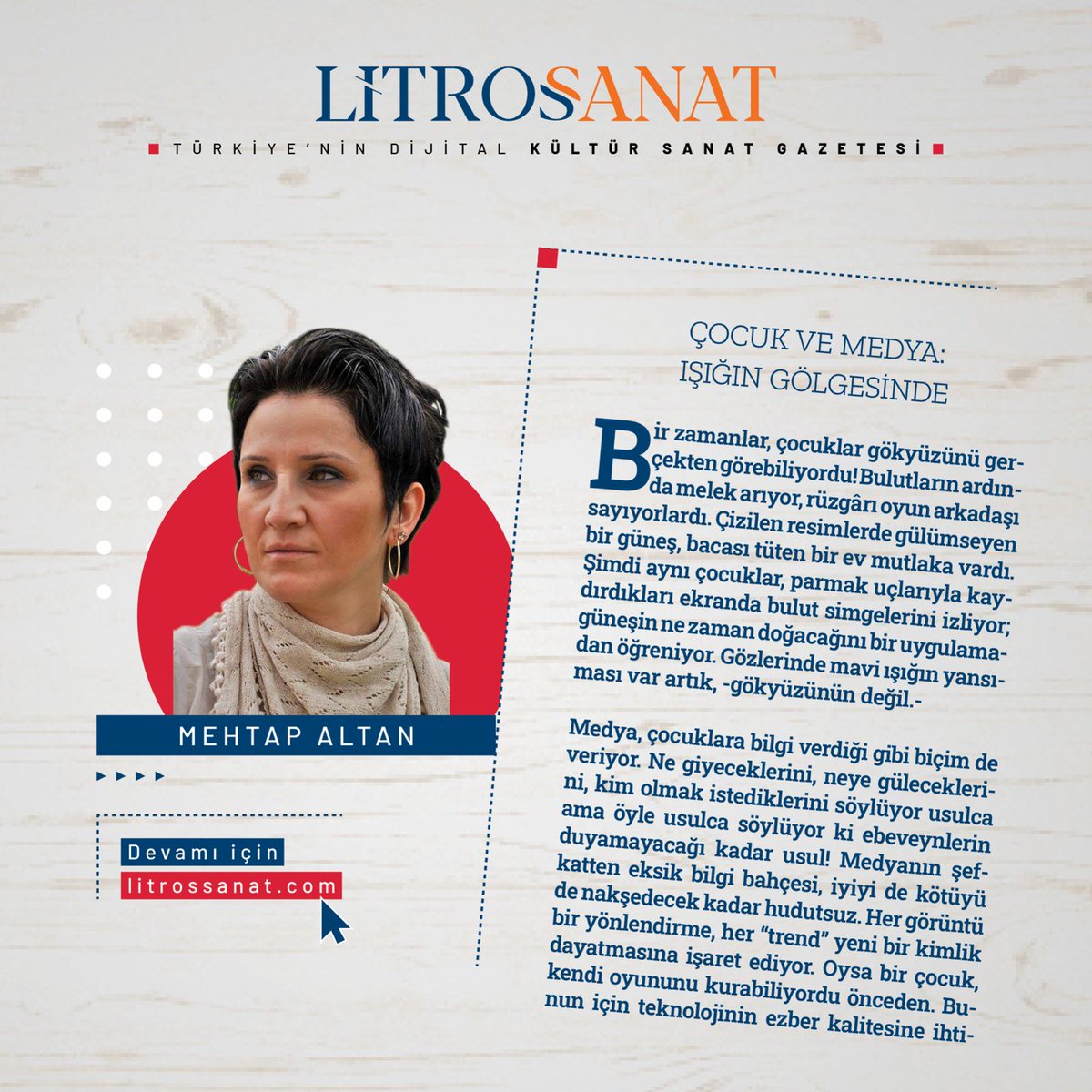 litrossanat's tweet image. Mehtap Altan&apos;ın &quot;Çocuk ve medya: Işığın gölgesinde&quot; başlıklı köşe yazısı Litros Sanat&apos;ta.

Okumak için 👉 litrossanat.com/kose-yazilari/…
