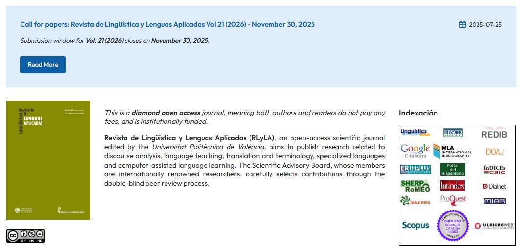 PoliPapers's tweet image. 📪#Callforpapers: Revista de Lingüística y Lenguas Aplicadas (RLyLA).

🗓️El plazo de envío para el Vol. 21 (2026) acaba el 30 de noviembre de 2025. 

➡️polipapers.upv.es/index.php/rdly… 

#RLyLA #Lingüística #Lenguas @MarisaCarrio