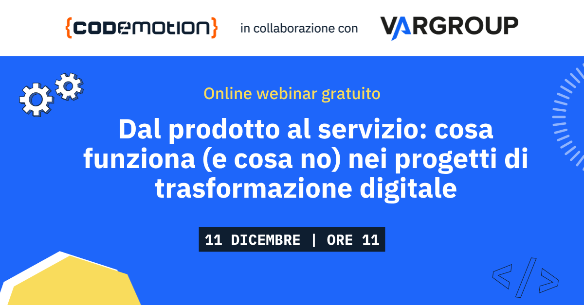 CodemotionIT's tweet image. 🚀 Dal prodotto al servizio: cosa funziona davvero nella trasformazione digitale?
Ne parliamo l’11/12 alle 11:00 con Stefano Dindo (@VarGroup) in un webinar gratuito ricco di casi reali e strategie pratiche. Iscriviti subito 👉
go.codemotion.com/webinar-var-gr…