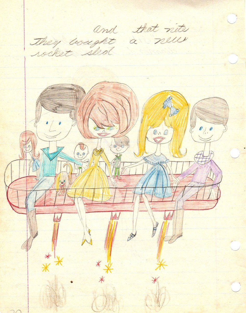 HermitsDaily's tweet image. Illustration from &quot;Life . . . in the FUTURE!&quot; a picture book I wrote as a child. 1960s.  #child #children #childhood #childhoodcreativity #creativity #drawing  #pencildrawing #coloredpencil #coloredpencils #future #futurism #prediction #predictingthefuture #art #artwork #kid