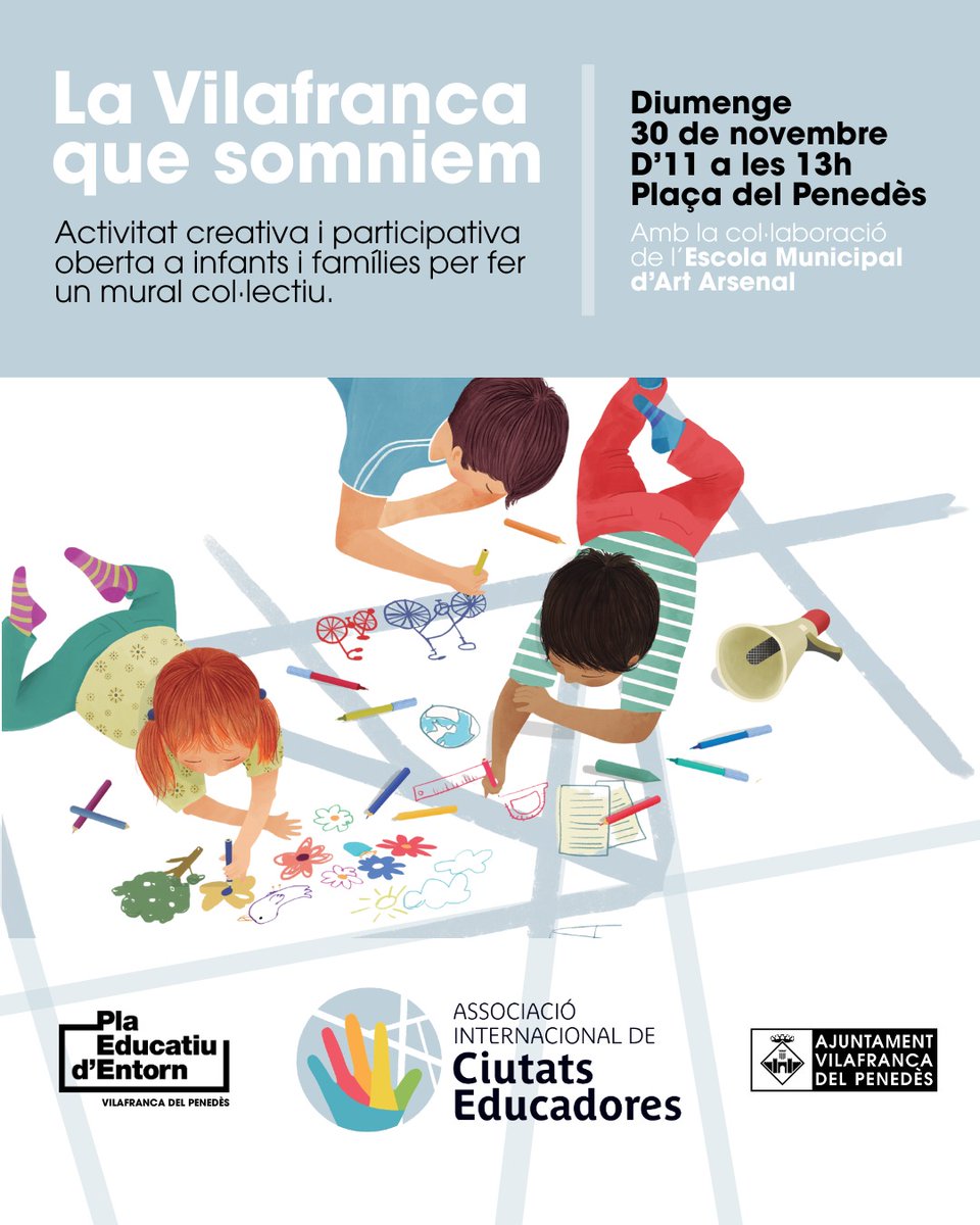 🖌️#VilafrancadelPenedès organitza diumenge una activitat infantil per commemorar el Dia Internacional de la Ciutat Educadora

📆Es farà a la plaça del Penedès, entre les 11 i les 13h, amb la col·laboració de l'<a href="/EscolaArsenal/">Arsenal Escola d'Art</a>.

➕info: vlf.cat/ciutatedu1125
#capitaldelvi