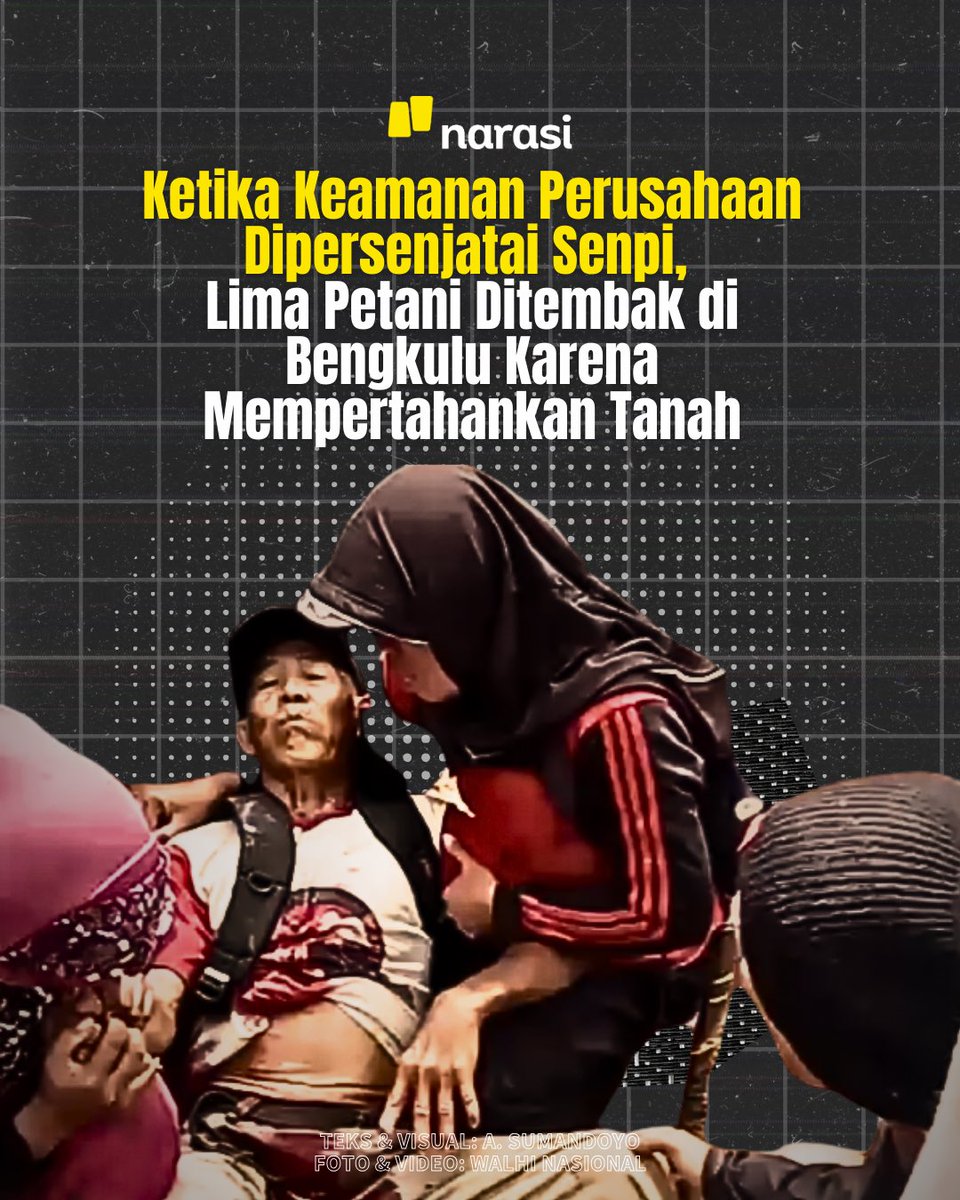 NarasiNewsroom's tweet image. Lima petani di Pino Raya, Bengkulu Selatan, ditembak keamanan PT Agro Bengkulu Selatan (PT ABS) dengan senjata api hingga luka berat.

Warga sebelumnya sudah berkali-kali diteror, mulai dari pondok dirusak, tanaman dihancurkan, sampai kriminalisasi.