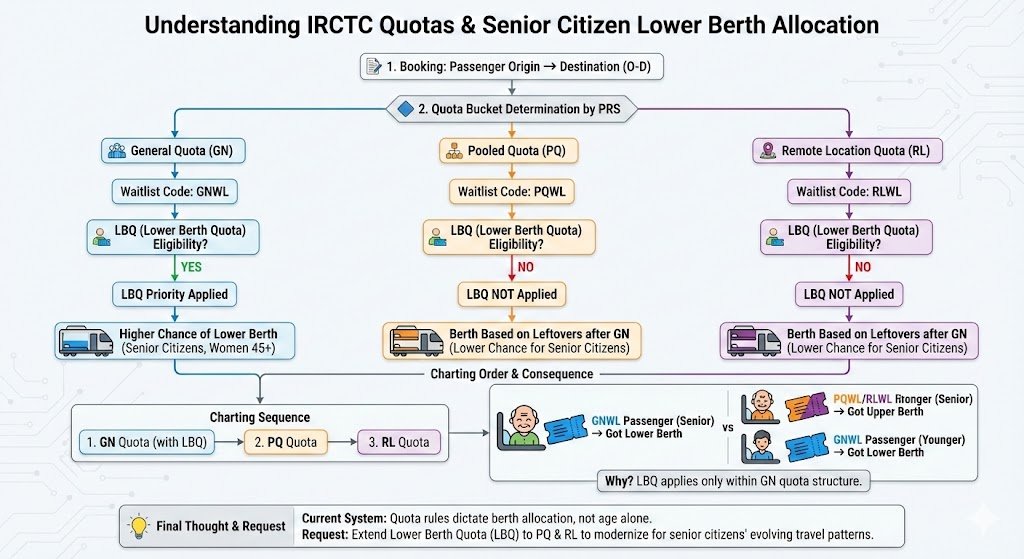 CatchMeAbhiOrb's tweet image. 🚆🔥 Why Our Parents Still Don’t Get Lower Berths??
And What REALLY Happens Inside IRCTC’s Seat Allotment System?? 🚨🧵

Yesterday, I wrote to @RailMinIndia. The main agenda - Algo needs to improve.
Not because something is “wrong”, but because travel patterns have changed and…