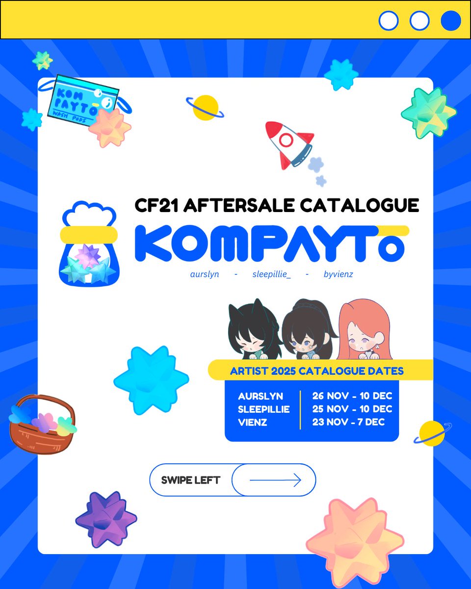 Kompayto's tweet photo. [💛&amp; 🔁 are appreciated]

Ready to browse some goodies?
Our Post CF21 Mail Order is now open! ✨

📆 Artist Catalogue Date:
@aurslyn : 26 Nov - 10 Dec
@sleepillie_ : 25 Nov - 10 Dec
@byvienz : 23 Nov - 7 Dec

🌟 Genshin, HSR, ZZZ, WuWa, ALNST, Original

#cf21catalogue #cf21
[1/5] https://t.co/vMGZJYheGv