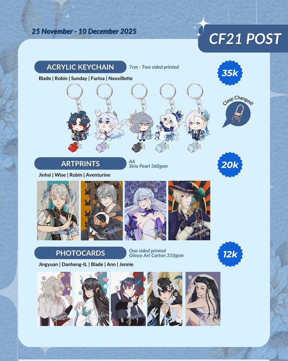 Kompayto's tweet photo. [💙&amp; 🔁 are appreciated]

Hi everyone! Guess what just dropped? (⁠人⁠⁠´⁠∀⁠｀⁠)⁠｡⁠ﾟ⁠+
Sleepillie CF21 Aftersale catalogue is open!

📆 25 Nov - 10 Dec 2025
🔗 https://t.co/XIAEP0yS6F
🌟 Genshin, HSR, ZZZ, WuWa, ALNST, Original

#cf21catalogue #cf21
[4/5] https://t.co/Ke4N6NhVPS