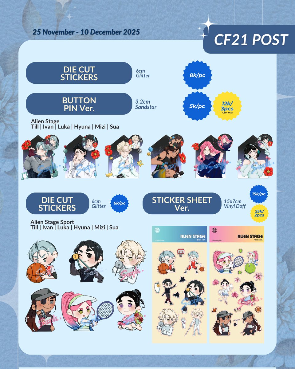 Kompayto's tweet photo. [💙&amp; 🔁 are appreciated]

Hi everyone! Guess what just dropped? (⁠人⁠⁠´⁠∀⁠｀⁠)⁠｡⁠ﾟ⁠+
Sleepillie CF21 Aftersale catalogue is open!

📆 25 Nov - 10 Dec 2025
🔗 https://t.co/XIAEP0yS6F
🌟 Genshin, HSR, ZZZ, WuWa, ALNST, Original

#cf21catalogue #cf21
[4/5] https://t.co/Ke4N6NhVPS