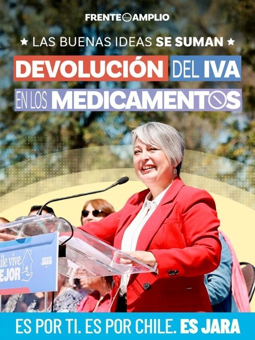 Porque las buenas medidas se suman, nuestra candidata a presidenta, Jeannette Jara, incorpora en su programa de Gobierno la devolución del IVA de los medicamentos. 

#JaraPresidenta