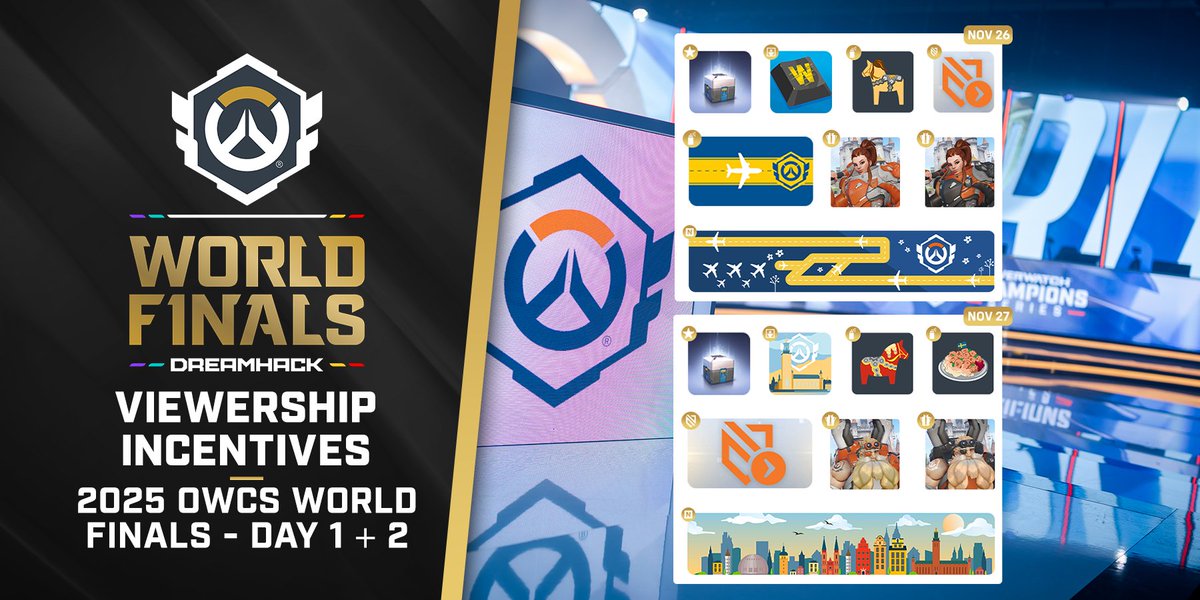OW_Esports's tweet image. Tune in to all five days of the 2025 OWCS World Finals to earn this amazing slate of drops, including #OWCS skins for Ana, Hazard, Wuyang, and more 👀

Matches are live NOW to earn your first set! 

🟣twitch.tv/ow_esports
🔴youtube.com/watch?v=-HFNCp…

#OWCSFinals | #OWCSWF25