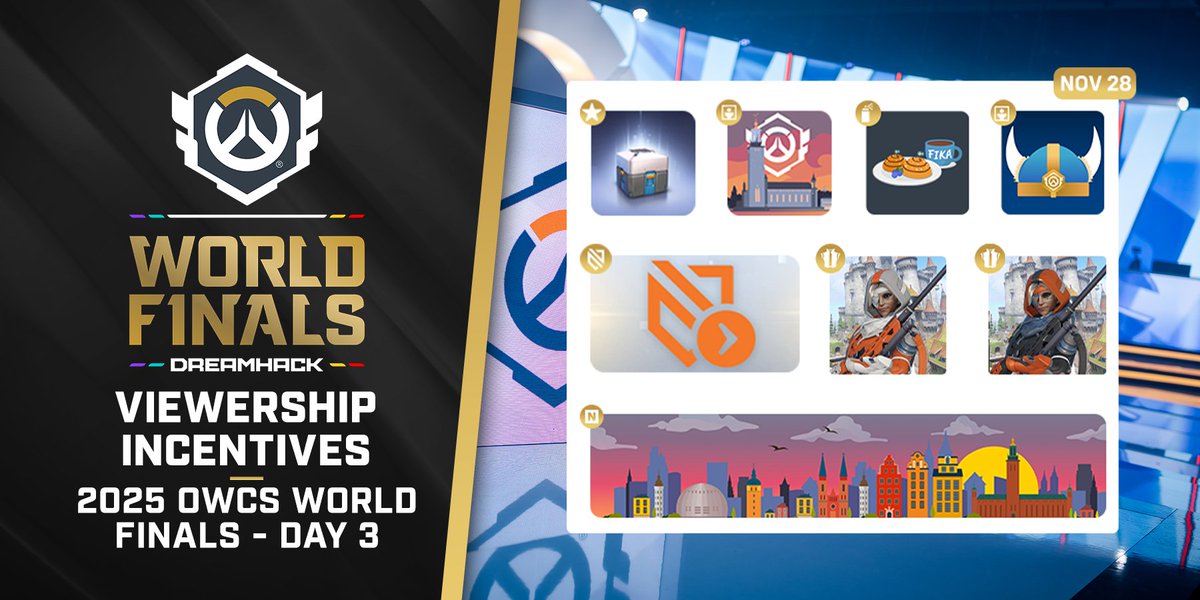 OW_Esports's tweet image. Tune in to all five days of the 2025 OWCS World Finals to earn this amazing slate of drops, including #OWCS skins for Ana, Hazard, Wuyang, and more 👀

Matches are live NOW to earn your first set! 

🟣twitch.tv/ow_esports
🔴youtube.com/watch?v=-HFNCp…

#OWCSFinals | #OWCSWF25