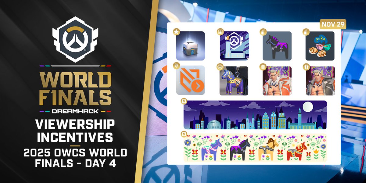 OW_Esports's tweet image. Tune in to all five days of the 2025 OWCS World Finals to earn this amazing slate of drops, including #OWCS skins for Ana, Hazard, Wuyang, and more 👀

Matches are live NOW to earn your first set! 

🟣twitch.tv/ow_esports
🔴youtube.com/watch?v=-HFNCp…

#OWCSFinals | #OWCSWF25