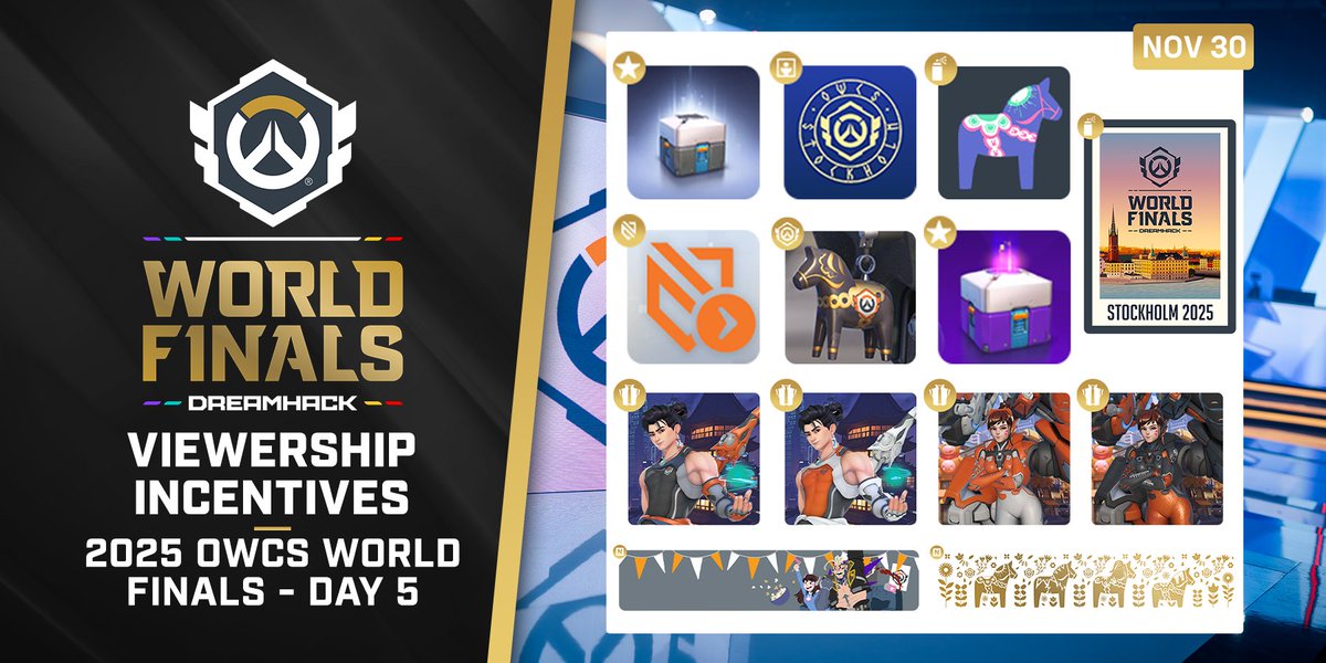 OW_Esports's tweet image. Tune in to all five days of the 2025 OWCS World Finals to earn this amazing slate of drops, including #OWCS skins for Ana, Hazard, Wuyang, and more 👀

Matches are live NOW to earn your first set! 

🟣twitch.tv/ow_esports
🔴youtube.com/watch?v=-HFNCp…

#OWCSFinals | #OWCSWF25