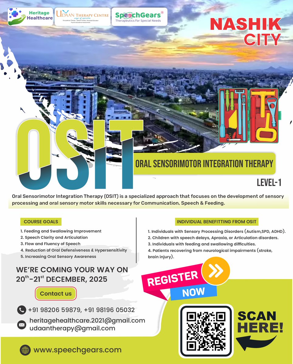 speechgears's tweet image. 📢Nashik, we’re coming!
Join #OSIT Level-1 #Training on 20–21 Dec 2025 and upgrade your #skills in #Speech, #feeding &amp;amp; Oral-Motor #therapy.
Perfect for #Speech Therapists, #OTs &amp;amp; #Doctors.
Limited seats — Register now!
Want to bring OSIT to your city? DM “OSIT” to collaborate🌈