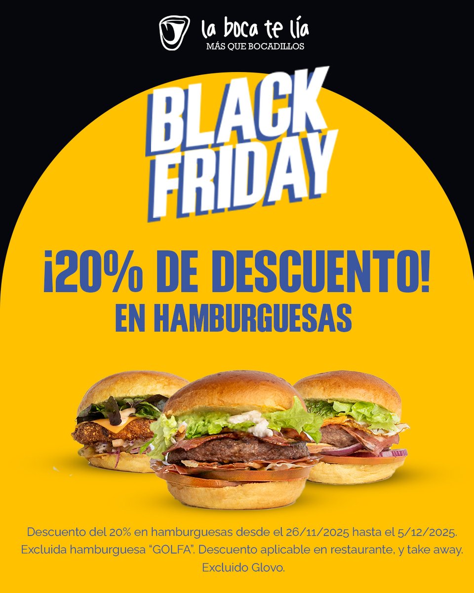 ¡𝟐𝟎% 𝐃𝐄 𝐃𝐄𝐒𝐂𝐔𝐄𝐍𝐓𝐎 EN HAMBURGUESAS! 🍔 Desde hoy 26/11 hasta el 5 de diciembre. Excluída la Golfa. 

Condiciones:
*Promoción válida en restaurante y take away.
*Acumulable a otras ofertas.
*Hasta agotar existencias.

#blackfridaydeals #lbtl #labocatelia #descuento