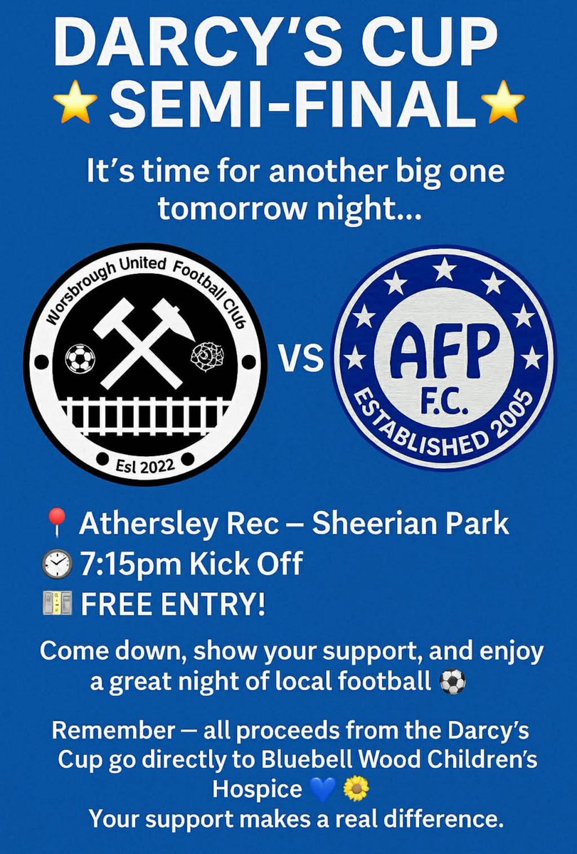 BarnsleySunday's tweet image. 🏆 Darcy’s Cup Semi Final
Tonight 7pm ko 
🏟️ @AthersleyRecFC 
💷 FREE ENTRY
Good luck to Worsbrough United who take on @AFP_FC of @Rdslfootball 
#BarnsleySunday @NonLeagueFix