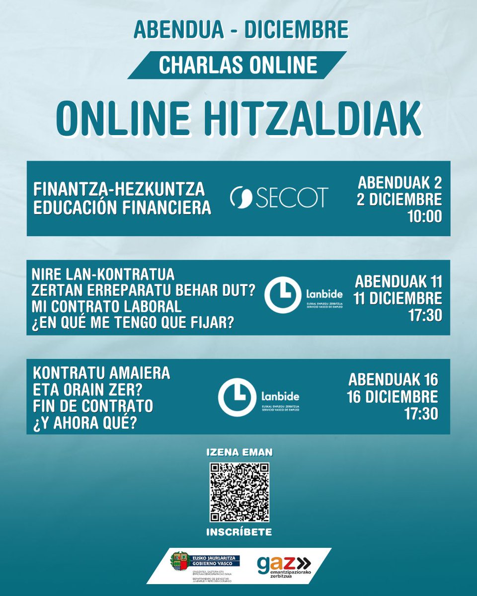 💻ONLINE HITZALDIAK | CHARLAS ONLINE
Hauek dira abenduan zehar izango ditugun hitzaldiak. Gai ezberdinak jorratuko dira, zatoz!

--

Estas son las charlas online que tendremos a lo largo del mes de diciembre, ¡te esperamos!

✍️Eman izena | Inscríbete: labur.eus/fzmhcj4v