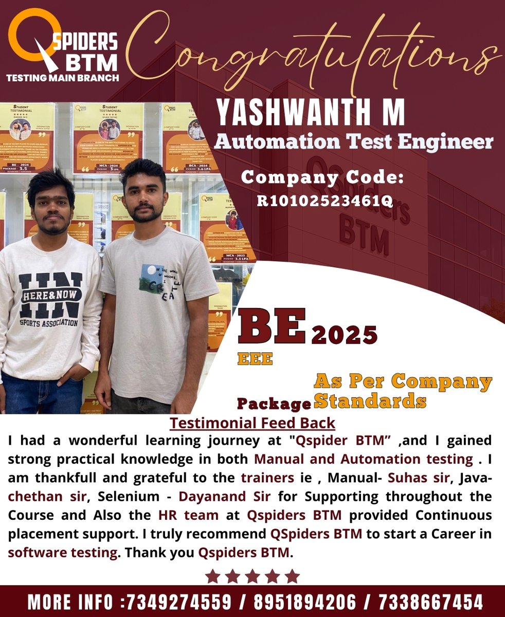 QSpiders_BTM_'s tweet image. The Success Journey Begins… 🚀

&quot;Congratulations to Yashwanth M on stepping into the IT world as an Automation Test Engineer!
Your commitment to mastering both Manual and Automation Testing has paid off beautifully.
QSpiders BTM is proud to witness your transformation