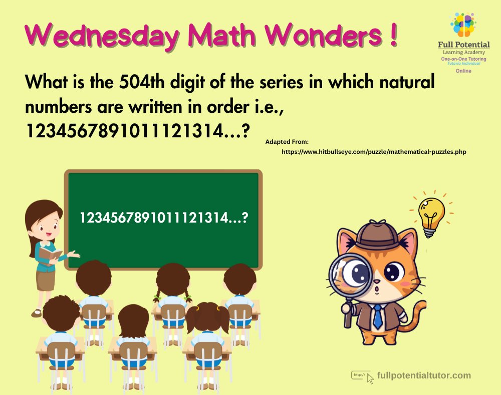 FPLAUSA's tweet image. Wednesday Challenge! 🔢💡
In the sequence 123456789101112…, which digit is the 504th?
Drop your answer below! 👇 

#WednesdayMathWonders #MathChallenge #BrainTeaser #PuzzleTime #FullPotentialLearningAcademy #CriticalThinking #ProblemSolving #Miami #FPLA
