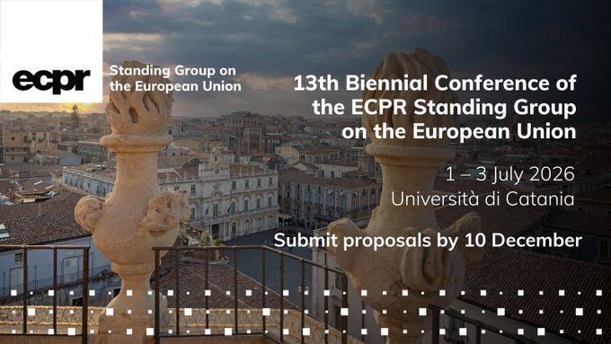 ECPR's tweet image. 📣 Call for Panels &amp;amp; Papers

🇮🇹 13th Biennial Conference of the Standing Group on the European Union

📆 1 – 3 Jul 2026, Università di Catania

⏳ Submission deadline: 10 Dec ecpr.eu/Events/341

View academic programme 📄 ecpr.eu/Events/Academi…
